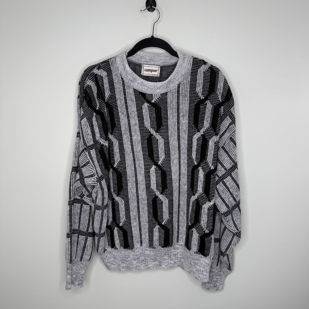 Vtg Campus Sweater Men's XL Geometric Knit Abstract Black Gray Double Helix 90's